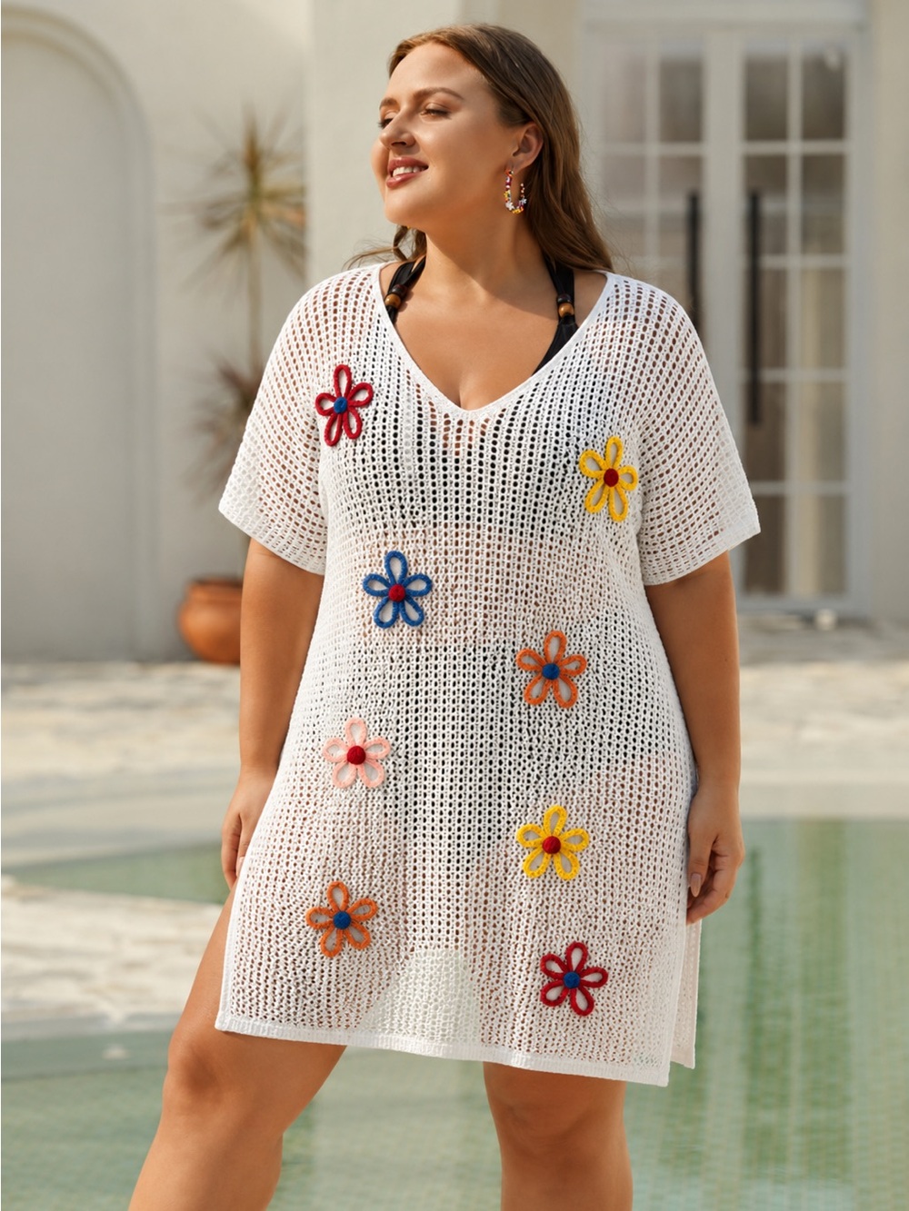 BloomChic White Crochet Swim Coverup with Multicolor Flower Appliqués